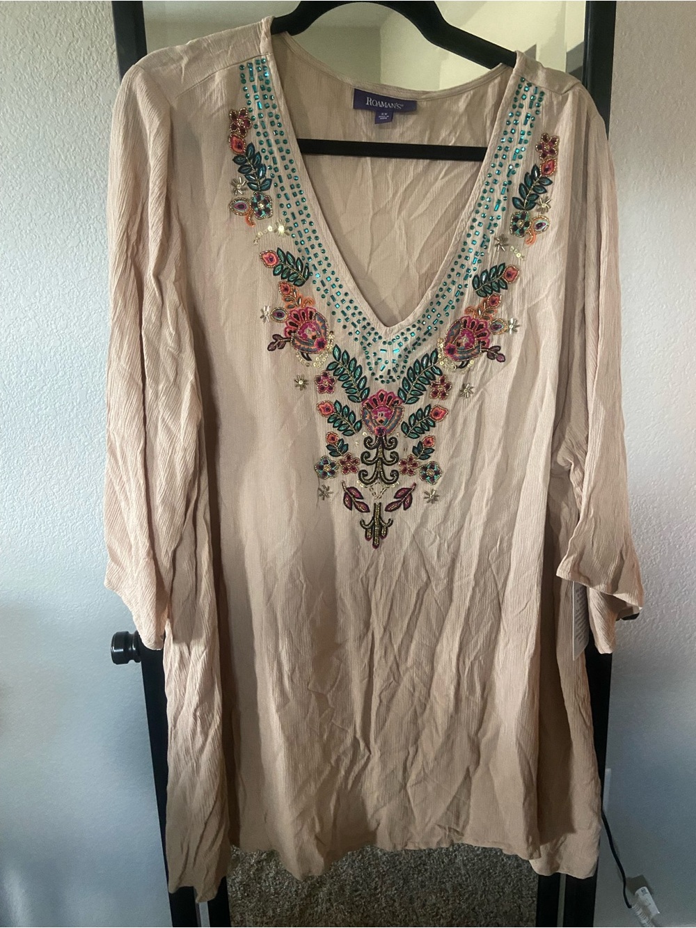 Roaman's Beige Embroidered V-Neck Tunic with Multicolor Floral Accents